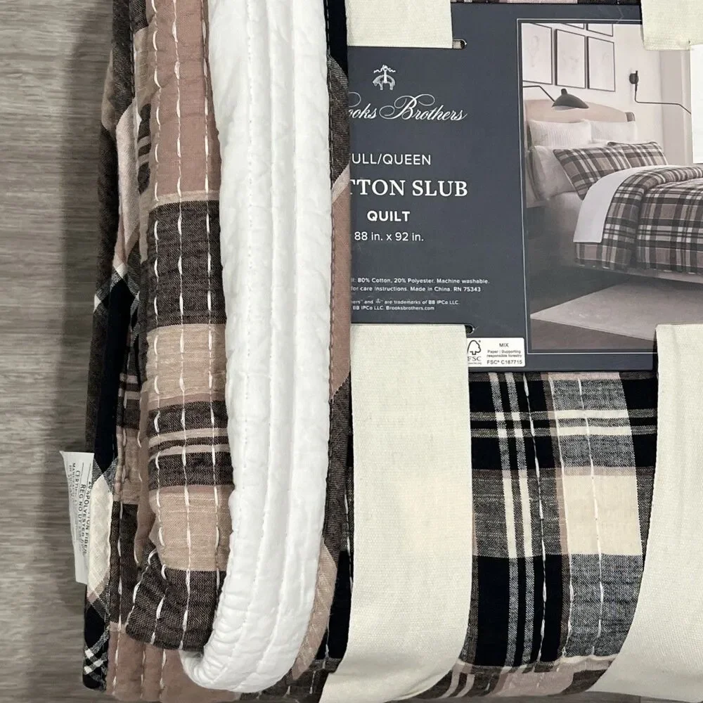 Brooks Brothers Tan White Black Full Queen Cotton Slub Quilt Reversible New
